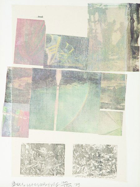 ROBERT RAUSCHENBERG, 1979: People Have Enough Trouble Without Being Intimidated by an Artichoke, 1925-2008 Offset lithograph in colors with collage, on wove paper, the full sheet, S. 30 1/2 x 23 in. (77.5 x 58.4 cm). signed, da