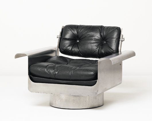 JACQUES CHARPENTIER, b. 1933: Lounge chair, ca. 1967 Matte stainless steel, leather, painted wood. 25 1/2 in. (64.8 cm.) high. Manufactured by Uginox, France. LITERATURE "Designed for Art," Metropolitan Home, October 2008, pp. 138