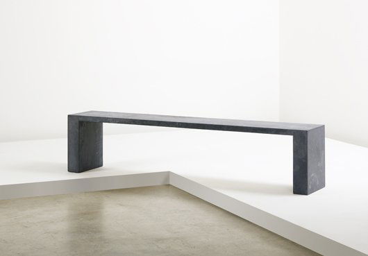 ROBERT WILSON, b. 1941: Unique "Pierre and Marie Curie" bench, 1989 Painted wood, wood. 15 3/4 x 70 7/8 x 11 7/8 in. (40 x 180 x 30 cm.). Original stage property from the theatrical production De Materie. PROVENANCE De Mater