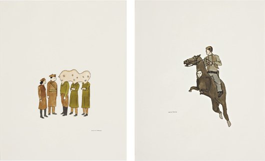 MARCEL DZAMA, Two works; (i) Untitled (Three figures wi: Two works; (i) Untitled (Three figures with attached heads) (ii) Untitled, 2002 Watercolour and ink on paper.. i) 35.5 x 28 cm. (14 x 11 in). ii) 31.5 x 25 cm. (12 3/8 x 9 7/8 in).. Each signed 'Marce