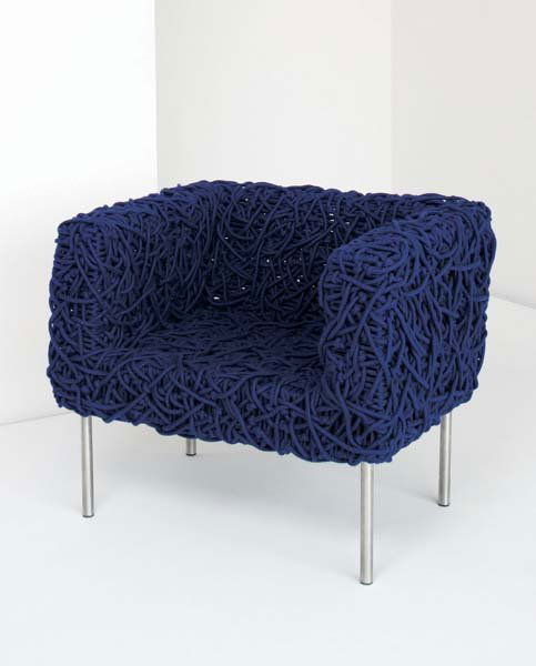 FERNANDO AND HUMBERTO CAMPANA, b. 1961, b. 1953: "Azul" chair, ca. 1993 Cotton rope, tubular stainless steel, painted metal. 31 in. (78.7 cm) high. Manufactured by Edra, Italy. LITERATURE Antibodies – Fernando & Humberto Campana 1989-2009, exh. ca