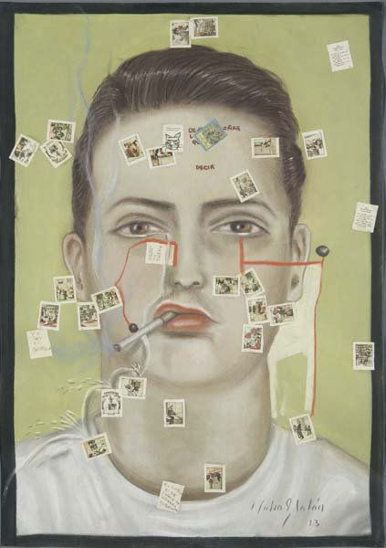 JULIO GALÁN, 1958-2006: El lobo sí se comió de verdad a Caperucita, 1993 Pastel and collage on paper. 38 1/2 x 27 in. (97.8 x 68.6 cm). Signed "Julio Galán" lower right. PROVENANCE Private collection, Monterrey