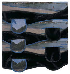 LEDA CATUNDA, b. 1961: Praia das Cigarras (Cigarras Beach), 2001 Acrylic on fabric. 46 1/2 x 43 1/2 in. (118.1 x 110.5 cm). Signed, titled and dated "Leda Catunda Praia das Cigarras 2001" on the reverse.