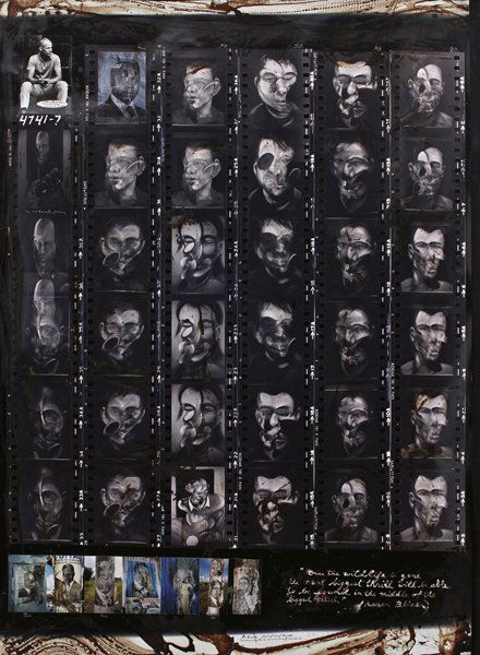 PETER BEARD, 'Portraits London (F. Bacon) / Paris /: Collage of gelatin silver prints and colour coupler prints, printed later, with blood and ink. 180.3 x 127 cm. (71 x 50 in). Signed and titled in ink with various inscriptions and annotations in blood