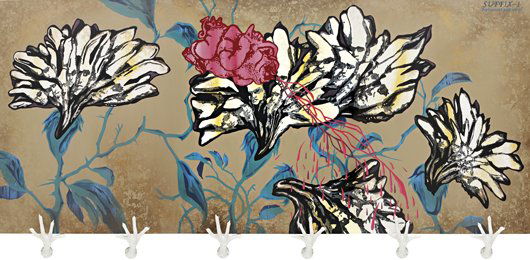 JITISH KALLAT, Suffix (Herbaceous Perennial) - 1: Suffix (Herbaceous Perennial) - 1, 2006 Triptych: acrylic and glitter on canvas, painted fibreglass. 229 x 514 x 25.4 cm. (90 x 202 x 10 in). Signed, titled and dated '2006 JITISH KALLAT SUFFIX (HERBA