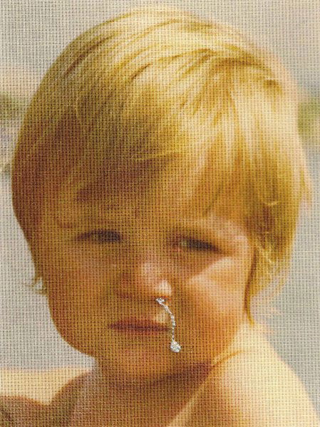 FRANCESCO VEZZOLI, Whatever happened to Baby Franc: Whatever happened to Baby Francesco?, 2007 Laser print on canvas with metal embroidery. 16 x 12 cm. (6 1/4 x 4 3/4 in). SOLD TO BENEFIT THE EMERGENCY CHARITABLE ORGANISATION ♠ • PROVENANCE