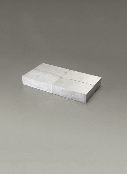 CARL ANDRE, AL 4 Blocks, 2008: AL 4 Blocks, 2008 Aluminum (in four parts). 2 x 7 5/8 x 4 in. (5.1 x 19.4 x 10.2 cm) each; 2 x 15 1/4 x 8 in. (5.1 x 38.7 x 20.3 cm) overall. This work is accompanied by a certificate of authenticity