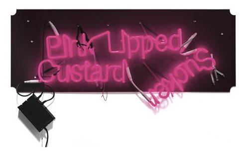 JASON RHOADES, Pink Lipped Custard Sucker, 2003: Pink Lipped Custard Sucker, 2003 Neon mounted on dark red translucent Plexiglas with wire, string, lace and transformer. 25 1/4 x 46 3/4 x 2 in. (64.1 x 118.7 x 5.1 cm). PROVENANCE David Zwirner, New