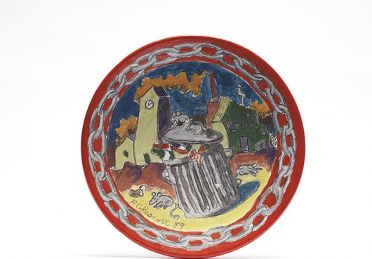 ROBERT COLESCOTT, Amore (Love), 1989: Amore (Love), 1989 Painted and glazed ceramic. 12 1/2 in. (31.8 cm) diameter. Signed and dated "R. Colescott 1989" lower left; inscribed "Amore" on the reverse. PROVENANCE Private collection, Tucson