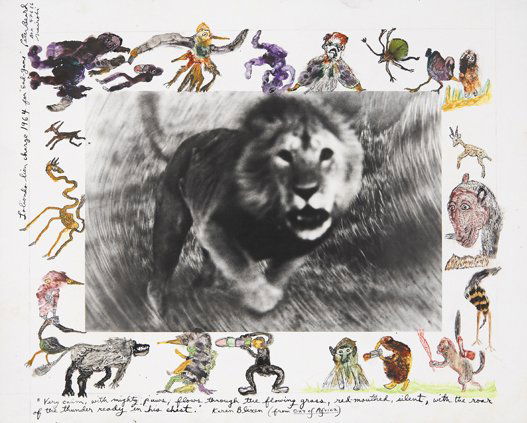 PETER BEARD, Lolindo Lion Charge, 1964: Lolindo Lion Charge, 1964 Gelatin silver print with ink and paint, printed later. 16 x 20 in. (40.6 x 50.8 cm). Signed, titled, dated and extensively annotated in ink and paint in the margins; The Tim