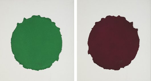 DAN FLAVIN: Guggenheim Tondo, 1992 Mezzotint in two colors (one on each side), printed on both sides of handmade paper, the full sheet, S. diameter: 13 1/2 in. (34.3 cm), signed, dated `1992' and numbered 15/25 i