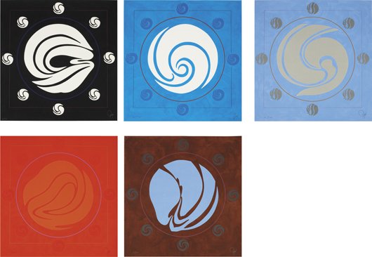 JACK YOUNGERMAN: Mandala (black); Orbit (blue); Galaxy (aqua); [Untitled] (red) and [Untitled] (brown), 1983 Five screenprints and pochoir in colors with embossing, on wove paper, with full margins, all I. 36 3/8 x 35