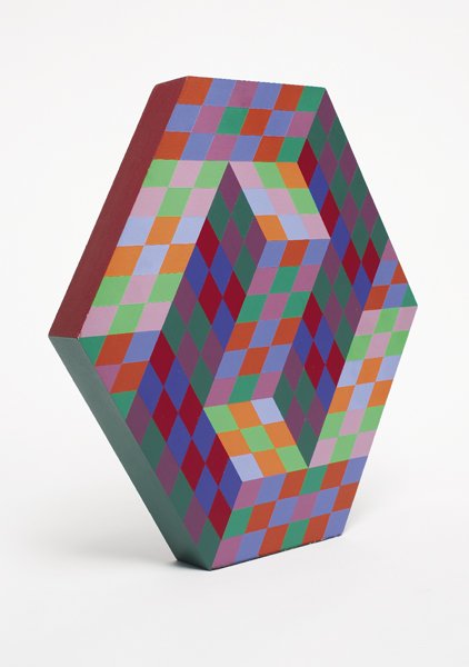 VICTOR VASARELY: Gestalt, 1980 Wood multiple hand-painted in colors, 16 5/8 x 15 1/2 x 2 in. (42.2 x 39.4 x 5.1 cm), signed in pencil and numbered 81/100 in black ink, two pressure marks on the upper face, a few small