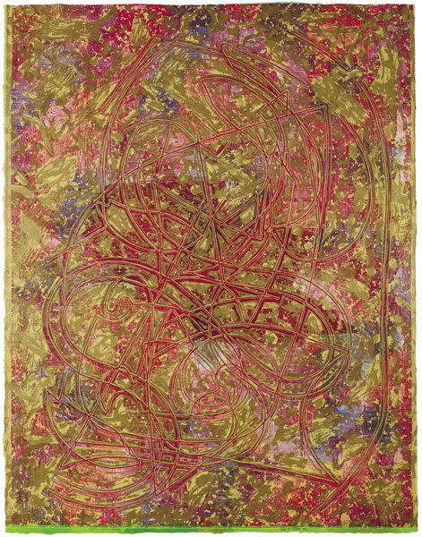FRANK STELLA: Circuits series: Estoril Three II , 1982 Relief-printed etching and woodcut in colors, on handmade rag paper, the full sheet, S. 66 x 51 1/4 in. (167.6 x 130.2 cm), signed, dated `82' and numbered 9/3