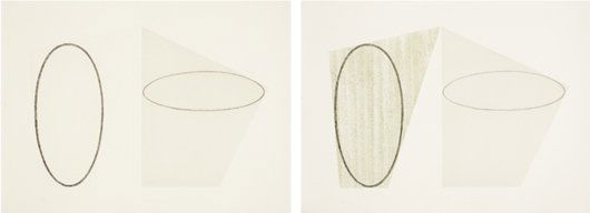 ROBERT MANGOLD: Untitled, State A (color); and Untitled, State B (black), from BAM Portfolio, 1988 Two aquatints and etchings in colors, on Somerset paper, with full margins, both I. 16 1/2 x 24 1/2 in. (41.9 x 62.2