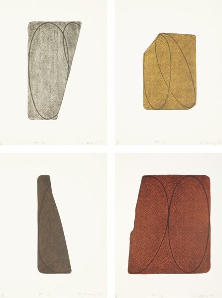 ROBERT MANGOLD: Fragments I-IV, 1997 The complete set of four lithographs in colors, on cream calligraphy Twinrocker paper, with full margins, largest I. 16 x 13 3/8 in. (40.6 x 34 cm); all S. 24 x 18 1/8 in. (61 x