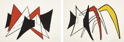 ALEXANDER CALDER: Tamanoir jaune; and Triangles rouges, 1963 Two lithographs in colors, on Rives BFK paper, with full margins, both I. approx. 15 x 21 3/4 in. (38.1 x 55.2 cm); both S. 18 3/4 x 25 1/2 in. (47.6 x 64.8