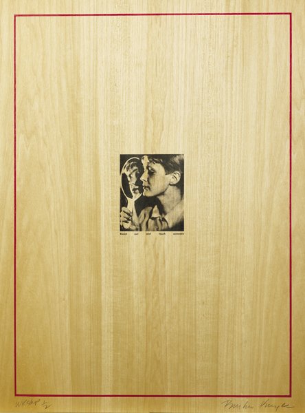 BARBARA KRUGER: Untitled (Reach out and Touch Someone), 1989 Screenprint in red and black, on Anga wood veneer mounted to Whatman paper (as issued), the full sheet, I. 24 3/8 x 17 5/8 in. (61.9 x 44.8 cm); S. 26 1/