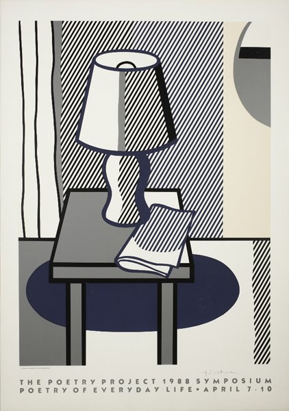 ROY LICHTENSTEIN: The Poetry Project Symposium poster, 1988 Screenprint in colors with text, on wove paper, with full margins, I. 37 x 27 1/8 in. (94 x 68.9 cm); S. 44 x 31 in. (111.8 x 78.7 cm), signed in pencil (one 