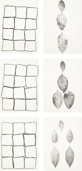 CARL ANDRE & ANA MENDIETA: Pietre Foglie , 1984 The complete set of twenty lithographs (ten by each artist), on wove paper, the full sheets, 13 3/4 x 10 1/8 in. (34.9 x 25.7 cm), the colophon for each artist signed and numbered
