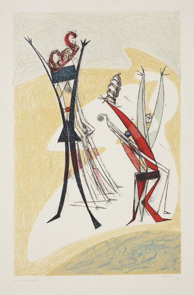 MAX ERNST: Rythmes, 1950 Lithograph in colors, on Arches paper, with full margins, I. 16 7/8 x 10 3/4 in. (42.9 x 27.3 cm); S. 22 x 15 in. (55.9 x 38.1 cm), signed and numbered XLVII/LX in pencil (there was also