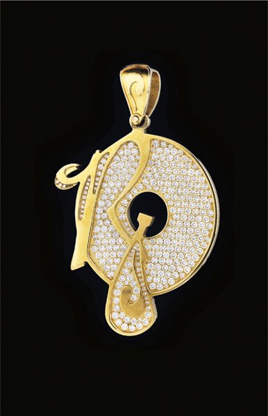A Diamond and Yellow Gold 'Roc-A-Fella' Records Pe: A Diamond and Yellow Gold 'Roc-A-Fella' Records Pendant. Designed as the 'Roc-AFella' Records logo, the pavé-set diamond record-shaped plaque, enhanced by a scripted 'R', from a polished gold bail, m