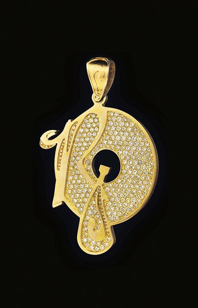 A Yellow Diamond and Yellow Gold 'Roc-A-Fella' Rec: A Yellow Diamond and Yellow Gold 'Roc-A-Fella' Records Pendant. Designed as the 'Roc-A-Fella' Records logo, the pavé-set yellow diamond record-shaped plaque, enhanced by a scripted 'R', from a polish