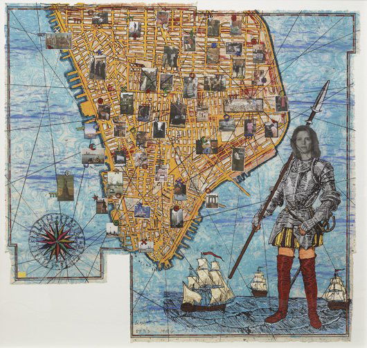 JANE HAMMOND, The Wonderfulness of Downtown, 1997: The Wonderfulness of Downtown, 1997 Lithograph and screenprint in colors with collage, on hand-torn Kasuiri, Nepalese and Cortlea Text paper. 59 1/4 x 62 in. (150.5 x 157.5 cm). Signed, dated, titled