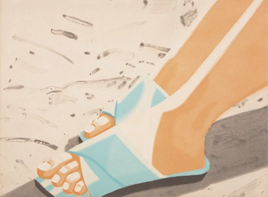 ALEX KATZ, Beach Sandals, 1987: Beach Sandals, 1987 Aquatint in colors. 14 3/4 x 20 in. (37.5 x 50.8 cm). Signed and numbered 44/60 in pencil (there were also 10 artist's proofs), published by Crown Point Press, San Francisco, unfra