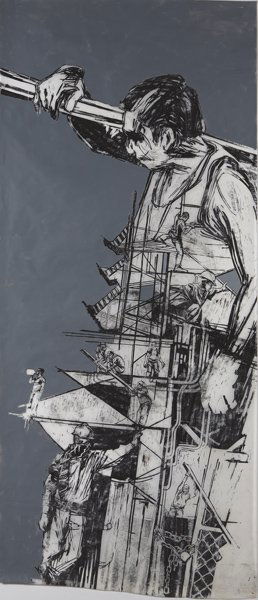 SWOON, Study of a Construction Worker, 2005, 2005: Study of a Construction Worker, 2005, 2005 Linocut with hand-painting in grey, on semi-transparent Mylar. S. 83 1/4 x 36 1/4 in. (211.5 x 92.1 cm). A unique variant (no edition size was recorded), pub