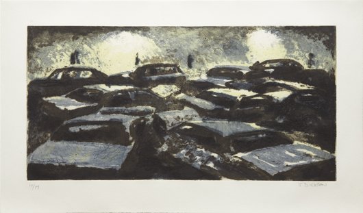 JANE DICKSON, Untitled and Blue Dust, 1988: Untitled and Blue Dust, 1988 Two etching and aquatints in colors with carborundum, on Somerset paper. Both approx. 23 7/8 x 13 7/8 in. (60.6 x 35.2 cm). Both signed and numbered 14/50 and 14/14 in pen