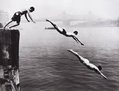 ARTHUR LEIPZIG, Divers, East River, 1948: Divers, East River, 1948 Gelatin silver print, printed later. 14 5/8 x 18 7/8 in. (37.1 x 47.9 cm). Signed in pencil, copyright credit and reproduction limitation stamps on the verso. PROVENANCE Acqui