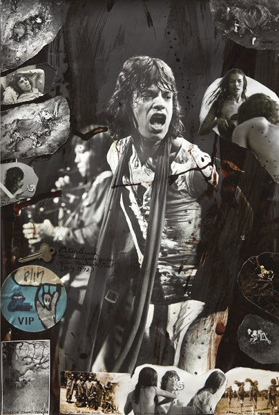 PETER BEARD, Mick Jagger at Madison Square Garden: Mick Jagger at Madison Square Garden (after Montauk Point), July, 1972 Gelatin silver collage with paint, blood and affixed photos, sticker and key, printed later. 22 1/2 x 15 1/4 in. (57.2 x 38.7 cm)