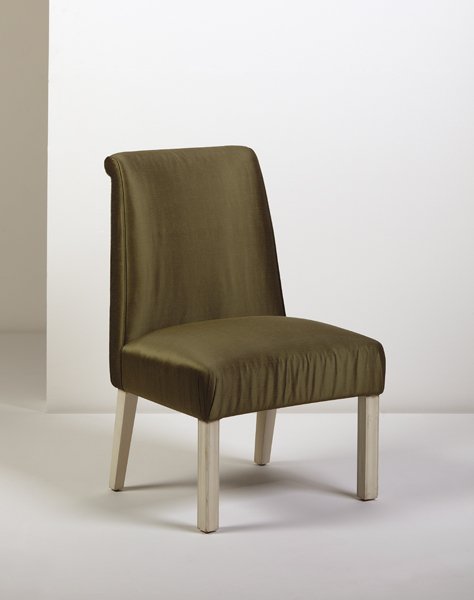 EUGENE SCHOEN, Custom boudoir chair, ca. 1937: Custom boudoir chair, ca. 1937 Lacquered wood, fabric. 38 in. (96.5 cm) high. Produced by Schmieg, Hungate and Kotzian, USA. Underside impressed with "E.S.," "S.K." and "6365." PROVENANCE Morris and G