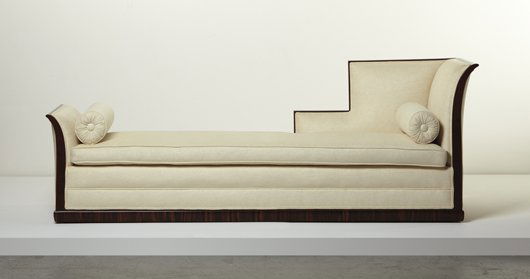 EUGENE SCHOEN, Daybed, ca. 1930: Daybed, ca. 1930 Mahogany, macassar ebony-veneered wood, fabric. 33 1/4 x 90 x 27 1/2 in. (84.5 x 228.6 x 69.9 cm). Produced by Schmieg, Hungate and Kotzian, USA. PROVENANCE The estate of Mr. and Mrs.