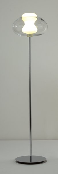 KARIM RASHID, "Soft" floor lamp, ca. 2000: "Soft" floor lamp, ca. 2000 Chrome-plated tubular metal, hand-blown clear glass and frosted glass, painted iron. 70 in. (177.8 cm.) high. Manufactured by George Kovacs, USA. From the Soft Collection.