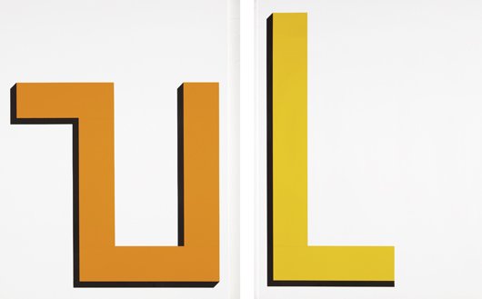 GREG BOGIN, Untitled, 2000: Untitled, 2000 Silkscreen with acrylic and enamel on canvas laid on wooden panel in two parts. 47 x 36 in. (119.4 x 91.4 cm) each. Initialed and dated "GB 2000" on the overlap of the painting that loo