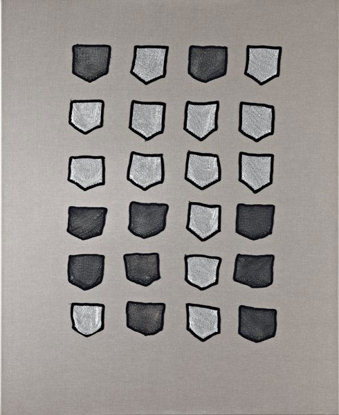 SERGEJ JENSEN, Untitled, 2004: Untitled, 2004 Metal chain mail and cotton embroidery on canvas. 160 × 130 cm (63 × 51 in). ♠ PROVENANCE Galerie Neu, Berlin Sergej Jensen's work draws on a wide range of materials and formal