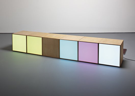 ANGELA BULLOCH, Cyan Catwalk, 2000: Cyan Catwalk, 2000 Waxed birchwood, printed aluminium panels, white glass, diffusion foil, glass, assorted black cables, RGB lighting systems, wooden feet, switching mats, aluminium floor frame with m