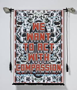 MARK TITCHNER, We Want to Act with Compassion, 200: We Want to Act with Compassion, 2006 Screenprint on canvas, metal tube, wool, rope, resin, plaster and acrylic. Installation dimensions 156 × 147 × 10.5 cm (61 3/8 × 57 7/8 × 4 1/8 in). ♠ PR