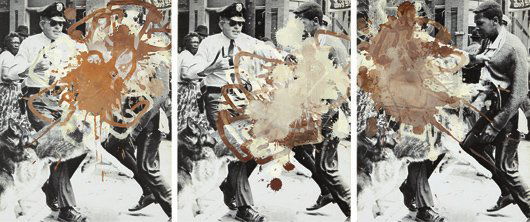 KELLEY WALKER, Black Star Press, 2005: Black Star Press, 2005 Silkscreened chocolate on digital print on canvas laid on board in three parts. 36 x 28 in. (91.4 x 71.1 cm) each. Initialed and dated "K 2005" on the reverse of the center pane