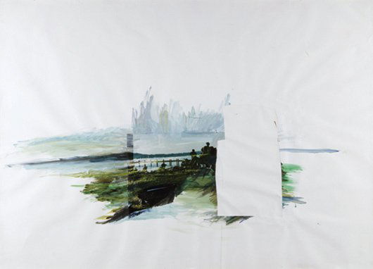 AMELIE VON WULFFEN, Untitled (Green Landscape with: Untitled (Green Landscape with Hole), 2003 Acrylic, watercolor and collaged photograph on paper 58 3/4 x 82 1/4 in. (149.2 x 208.9 cm). PROVENANCE Greene Naftali, New York EXHIBITED University of Cali