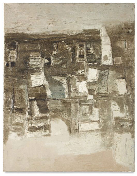 RAM KUMAR, Ghats at Varanasi, 1963: Ghats at Varanasi, 1963 Oil on canvas. Signed and dated "Kumar 63" upper right; also inscribed "No. 12" on the reverse. 33 1/4 x 26 in. (84.5 x 66 cm). PROVENANCE Kumar Gallery, New Delhi Then in the