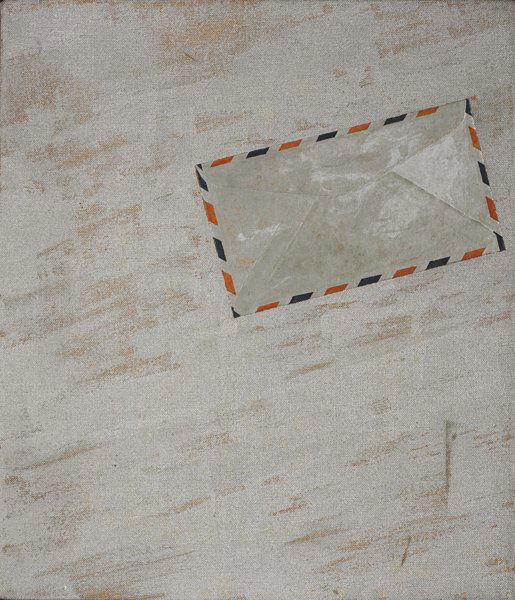 ROBERT MOSKOWITZ, Untitled #71, 1962: THIS LOT IS SOLD WITH NO RESERVE Untitled #71, 1962 Aluminum paint and collaged envelope on canvas. Signed, titled and dated "Robert Moskowitz #71 1962" on the overlap. 14 x 12 in. (35.6 x 30.5 cm). P