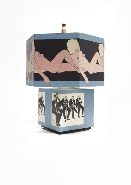 JOHN WESLEY, Paradise Lamp, 1967: Paradise Lamp, 1967 Acrylic on canvas wrapped over wood in two parts with plastic interior cylinder and light bulb. Signed, titled and dated "John Wesley Paradise Lamp 1967" on shade interior. 21 1/2