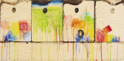 JIM DINE, Four Palettes, 1963: Four Palettes, 1963 Watercolor and tissue paper collage on paper. Titled and dated "four palettes 1963 Oct." lower left; also signed and titled again "Jim Dine New York City four palettes" lower right