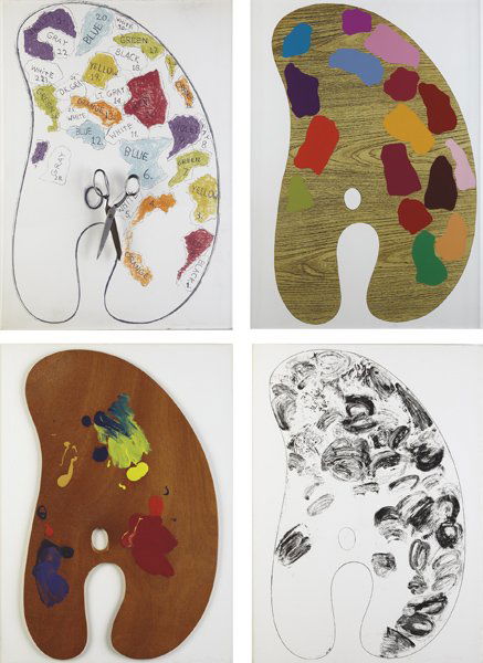 JIM DINE, Four Palettes: I, II, II, and IV, 1969: Four Palettes: I, II, II, and IV, 1969 The complete set of one screenprint on Kromecote card, one etching on Fabriano paper, one lithograph in colors with collage of scissors on Fabriano paper and one