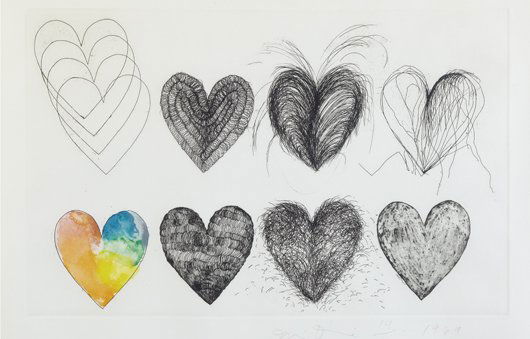 JIM DINE, Hearts and a Watercolor, 1969: Hearts and a Watercolor, 1969 Etching with hand-coloring, on Chrisbrook handmade paper. Signed, dated and numbered 14/50 in pencil. 13 3/4 x 21 3/8 in. (34.9 x 54.3 cm). LITERATURE Galerie Mikro 60