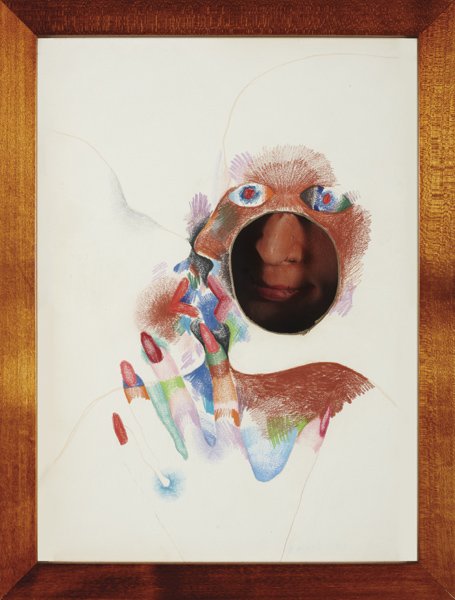 MARISOL, Face Behind a Mask, 1961: THIS LOT IS SOLD WITH NO RESERVE Face Behind a Mask, 1961 Colored pencil on cardboard with molded plaster in wooden shadow box. Signed and dated "Marisol 1961" lower right. 16 5/8 x 12 1/2 x 3 1/2 in.