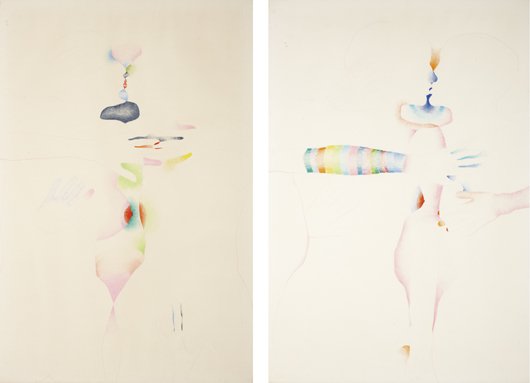 MARISOL, Two works: Untitled (Aladdin's Lamp) and : Two works: Untitled (Aladdin's Lamp) and Untitled (Kiss), 1960 Colored pencil on paper. 40 x 27 in. (101.6 x 68.6 cm); 42 1/2 x 29 1/2 in. (108 x 74.9 cm). PROVENANCE Sidney Janis Gallery, New York (1